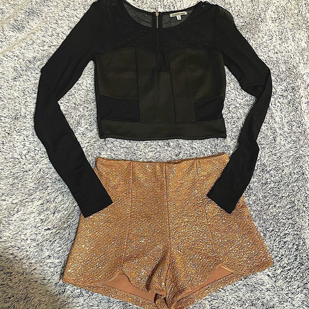 Bundle sheer long sleeve crop top and gold shorts